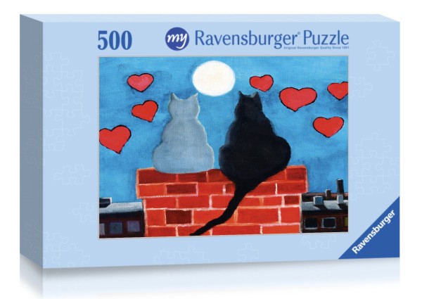 Puzzle «2 Katzen auf Kamin zwischen Herzen»